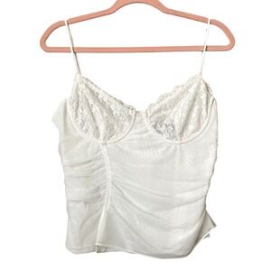White‎ Fox Corset Top Womens XL White Lace Ruched Mesh Coquette Bridal Cottage